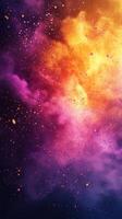 Vibrant cosmic explosion of colors with hues of purple, orange, and yellow creating a dramatic celestial backdrop photo