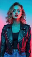 Young woman in leather jacket poses with vibrant lighting in an artistic setting photo