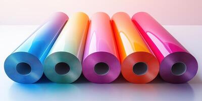Vibrant rolls of glossy wrapping paper displayed in a gradient from blue to pink, perfect for creative gift packaging photo