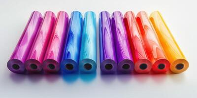 Colorful rolls of glossy film arranged in a vibrant gradient showcasing various hues photo
