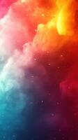 Colorful abstract cloud formation fills the canvas with vibrant hues of red, orange, and blue illuminated by specks of light photo