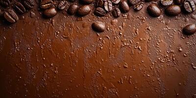 Rich coffee beans scattered over a smooth, dark chocolate surface in a cozy kitchen environment photo