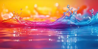 Vibrant water splash with colorful reflections at sunset photo