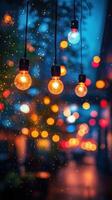 Colorful lights illuminate a rainy evening street in an urban setting with blurred bokeh effects photo