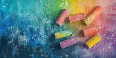 Colorful chalks scattered on a vibrant textured background showcasing a creative artistic setting photo