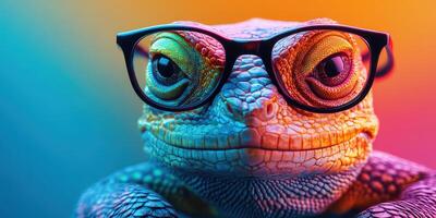 Colorful lizard wearing glasses strikes a confident pose against a vibrant background photo