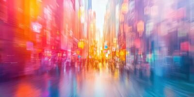 Vibrant city street scene during twilight with colorful lights illuminating the urban environment photo
