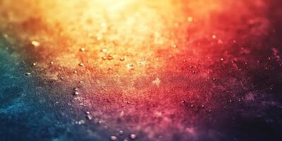 Colorful water droplets on a textured surface create a vibrant abstract background during twilight hours photo