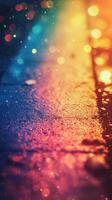 Colorful reflections on wet pavement illuminated by light during a rainy evening photo