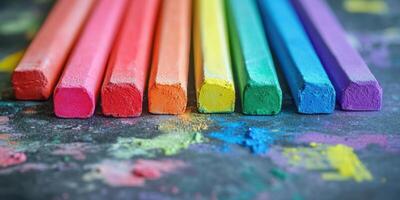 Colorful chalk arranged in a vibrant spectrum on a textured surface during an art project photo