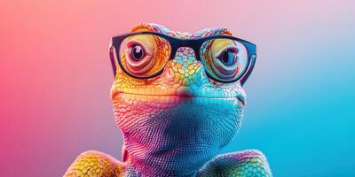 Lizard wearing glasses poses against a vibrant gradient background in a playful setting photo