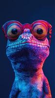 Colorful lizard wearing oversized glasses poses against a vibrant background in a creative art display photo