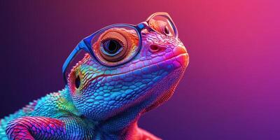 Colorful lizard wearing glasses poses against a vibrant backdrop with playful colors photo