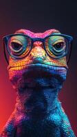 Colorful lizard character wearing glasses showcases vibrant textures and a confident expression against a dark background photo