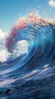 Powerful ocean wave crashing against the shoreline on a sunny day photo