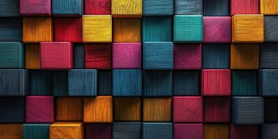 Colorful wooden blocks arranged in a vibrant pattern showcasing a variety of textures and shades photo