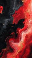 Vibrant abstract painting with swirling red, black, and gold colors in a dynamic composition photo