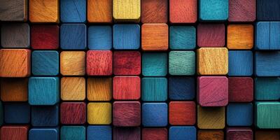 Colorful wooden blocks arranged in a geometric pattern showcasing vibrant hues and textures photo