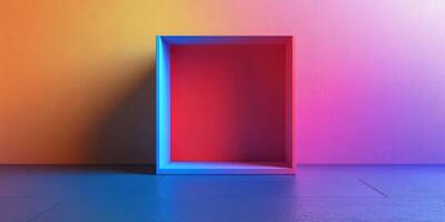 Colorful abstract display featuring a vibrant cube on a smooth surface with gradient background photo