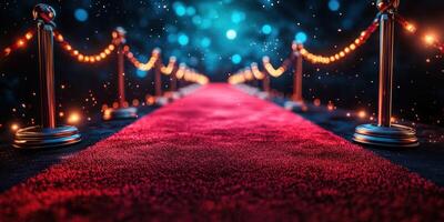 Glowing red carpet leading to a glamorous event under starry lights at night photo
