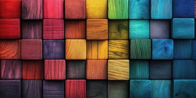 Colorful wooden blocks arranged in a vibrant mosaic pattern showcasing various tones and textures in a creative layout photo