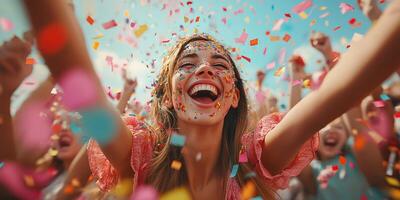 Joyful celebration with colorful confetti and smiling faces at a vibrant outdoor festival during the day photo