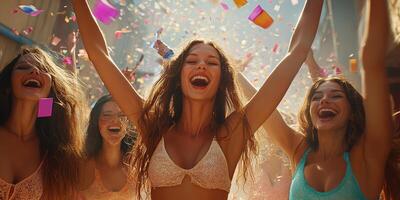 Celebration with friends in colorful outfits during summer festivities under bright sunlight photo