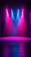 Colorful stage lights illuminate an empty performance space in a dramatic ambiance photo