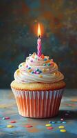 Delicious cupcake with colorful sprinkles and a candle glowing brightly in a cozy setting photo