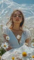 Woman surrounded by daisies and plastic in a field during sunny weather photo
