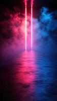 Colorful neon lights illuminate a fog-filled space creating a vibrant atmospheric effect photo