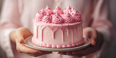 Delicious pink frosting cake held by a person in a light setting with soft natural light photo