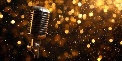 Vintage microphone surrounded by golden bokeh lights creates a festive ambiance for a performance or celebration photo