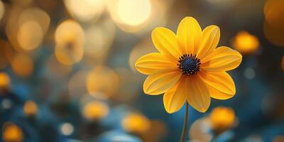 Bright yellow flower stands out in a serene garden with bokeh background during golden hour in nature photo