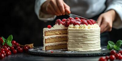 Baker decorates a layered cake with fresh raspberries and mint leaves in a dimly lit kitchen photo