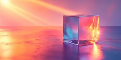 Abstract cube reflecting vibrant colors under warm lighting in a creative studio setup photo