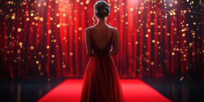 Evening gala in red gown with a view of the spotlight on a grand stage photo