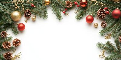 Elegant Christmas decoration with pine branches, ornaments, and pine cones arranged artistically for holiday celebrations photo