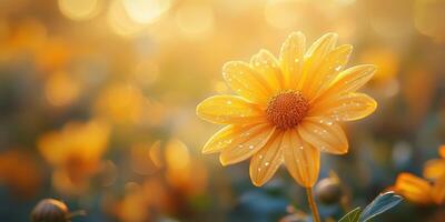 Bright yellow flower glows in the soft morning sunlight with dew drops around its petals in a vibrant garden photo