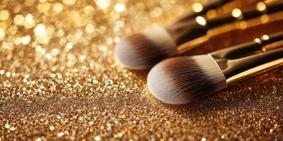 Makeup brushes placed on a sparkling golden background during a beauty preparation session photo