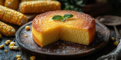 Sweet corn cake served on a rustic wooden plate with fresh corn cobs photo