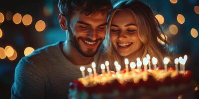 Couple celebrates birthday together with a beautifully lit cake and joyful expressions in a cozy evening setting photo