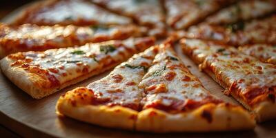 Freshly baked pizza slices arranged on a wooden serving board during sunset photo