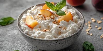 Delicious bowl of cottage cheese topped with fresh peach slices and granola for a healthy breakfast option photo