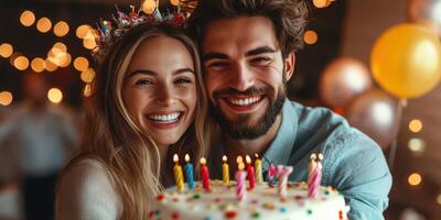 Joyful couple celebrates birthday with cake and colorful decorations in a festive indoor setting photo