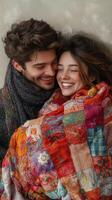 Cozy moment shared between a couple wrapped in a colorful quilt indoors during winter night photo