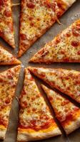 Delicious cheese pizza slices arranged in a circular pattern on a baking sheet photo
