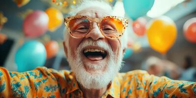 Celebrating life with joy and laughter at a vibrant birthday party for an elderly gentleman surrounded by colorful balloons photo