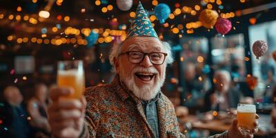 Celebration filled with joy as elderly man enjoys party with friends in lively atmosphere photo