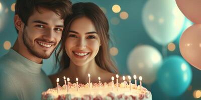 Couple celebrates special occasion with a cake surrounded by festive balloons and twinkling lights in a cheerful atmosphere photo